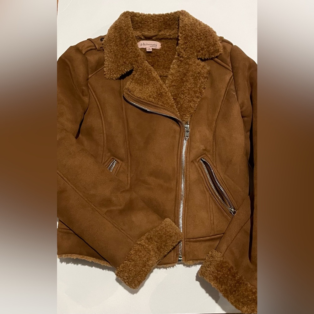 Philosophy Faux Suede/Fur Moto-Style Coat — Size S / Tan